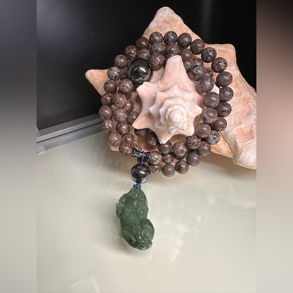 BROWN SNOWFLAKES OBSIDIAN + HEMATITE + PIXIU NATURAL NECKLACE - Picture 6 of 16